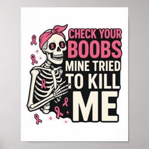 Skull Halloween Check Your Breast Breast Cancer Aw Poster