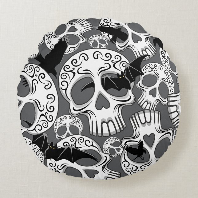 Skull Halloween Decorative Calaveras Round Cushion (Front)