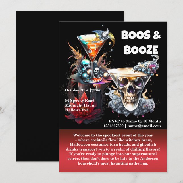 Skull happy hour spooky cocktails gothic floral invitation (Front/Back)