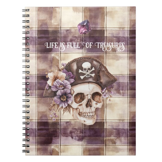 Skull Hat Purple Tan Floral Amethyst Treasures Notebook (Front)