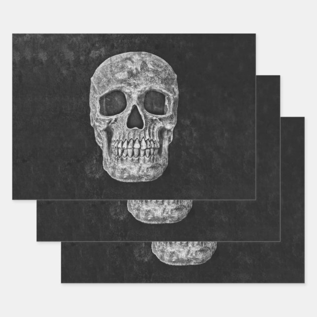 Skull Head Black And White Gothic Grunge Wrapping Paper Sheet (Set)