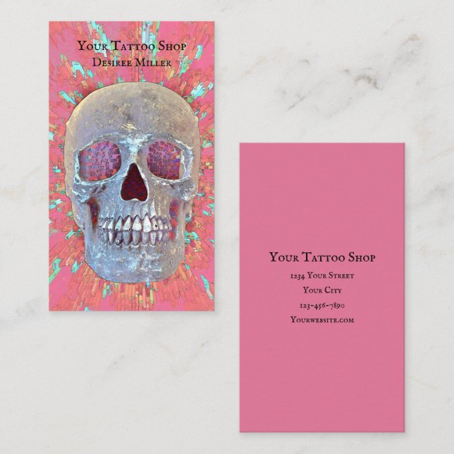 Skull Head Colourful Pink Green Tattoo Shop Business Card (Front/Back)