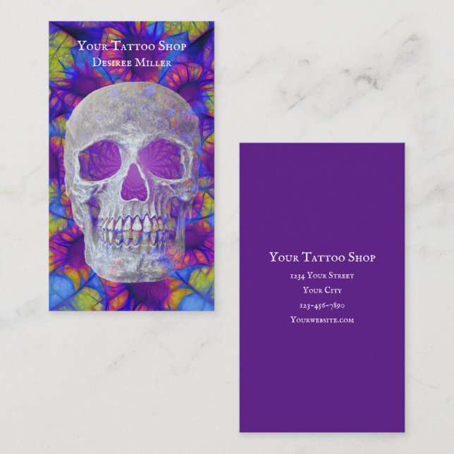 Skull Head Colourful Purple Sunflower Tattoo Shop Business Card (Front/Back)