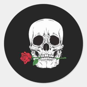 Skull Head Face Red Rose Rock N Roll Cool Skeleton Classic Round Sticker