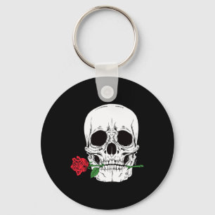 Skull Head Face Red Rose Rock N Roll Cool Skeleton Key Ring