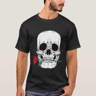 Skull Head Face Red Rose Rock N Roll Cool Skeleton T-Shirt