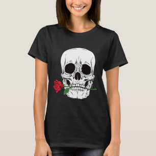 Skull Head Face Red Rose Rock N Roll Cool Skeleton T-Shirt