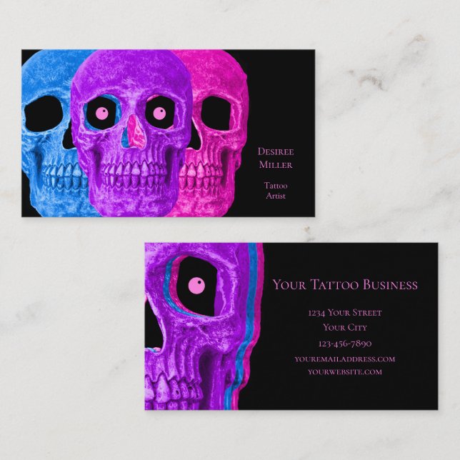 Skull Head Funny Colourful Gothic Black Pop Art Business Card (Front/Back)