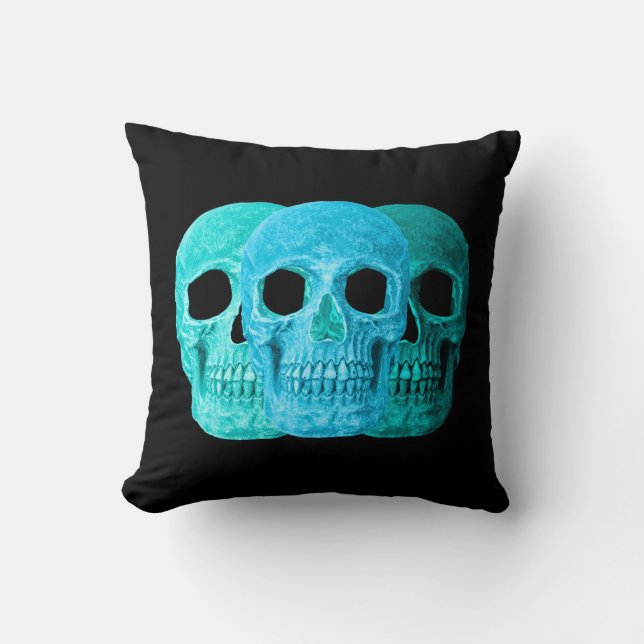Skull Head Gothic Blue Teal Turquoise Black Art Cushion (Front)