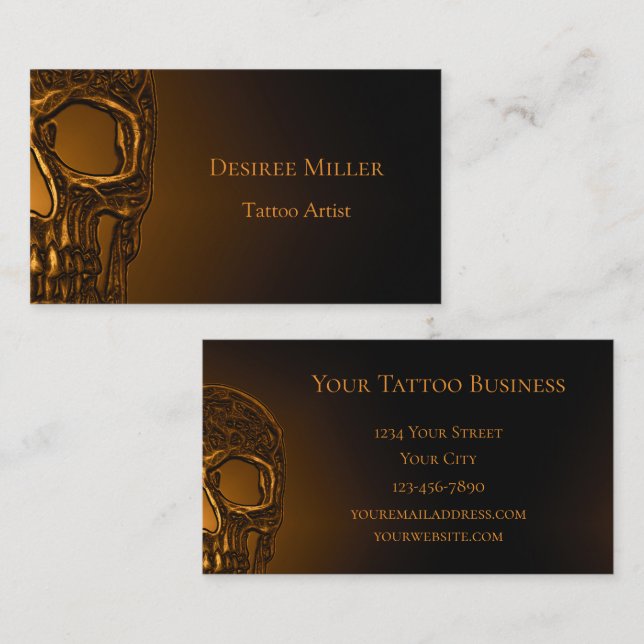 Skull Head Gothic Gold Metallic Tattoo Shop Business Card (Front/Back)