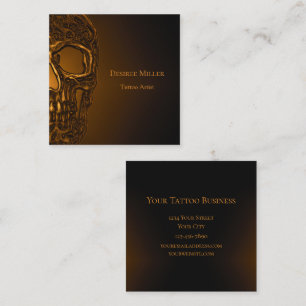 Skull Head Gothic Gold Metallic Tattoo Shop Square Business Card