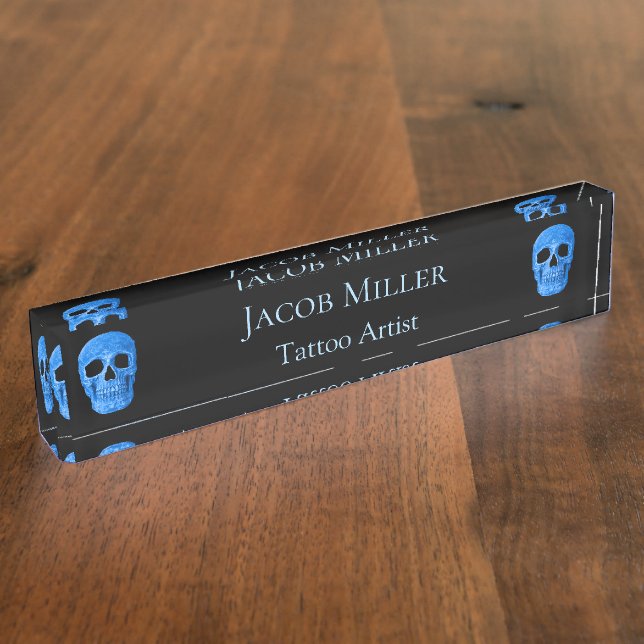 Skull Head Gothic Neon Blue Black Tattoo Shop Nameplate (Side)