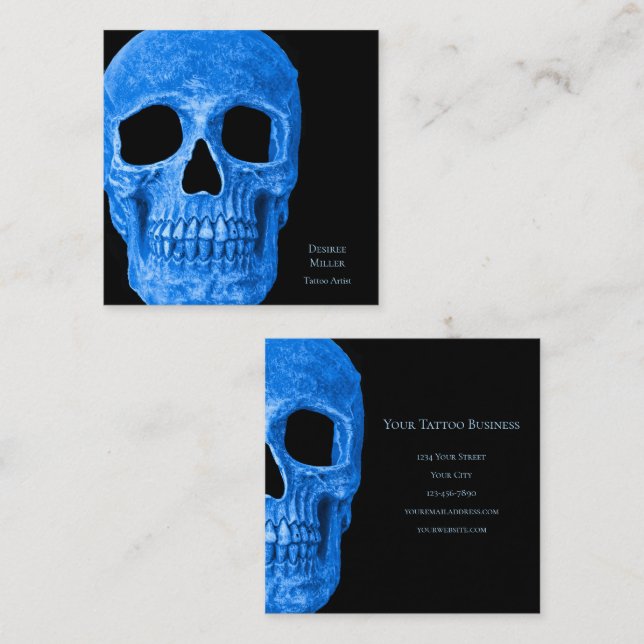 Skull Head Gothic Neon Blue Black Tattoo Shop Square Business Card (Front/Back)