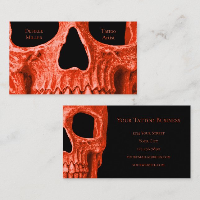 Skull Head Gothic Neon Orange Black Tattoo Shop Business Card (Front/Back)