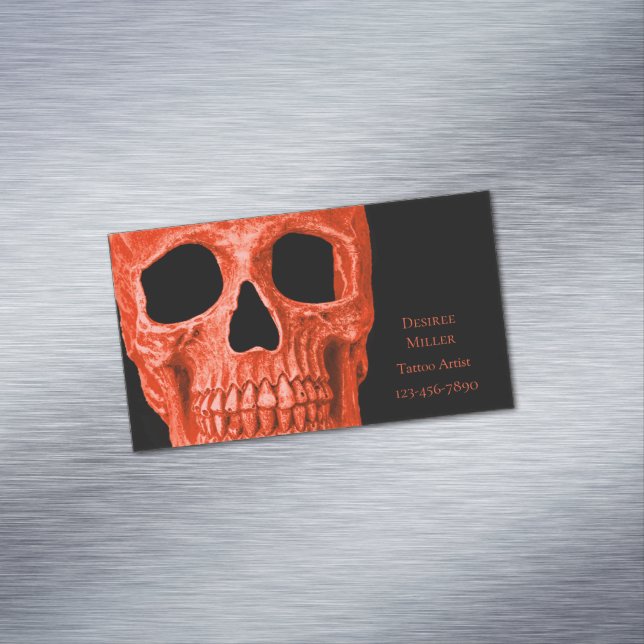 Skull Head Gothic Neon Orange Black Tattoo Shop Magnetic Business Card (In Situ)