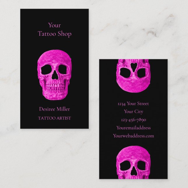 Skull Head Gothic Neon Pink Black Tattoo Shop Business Card (Front/Back)