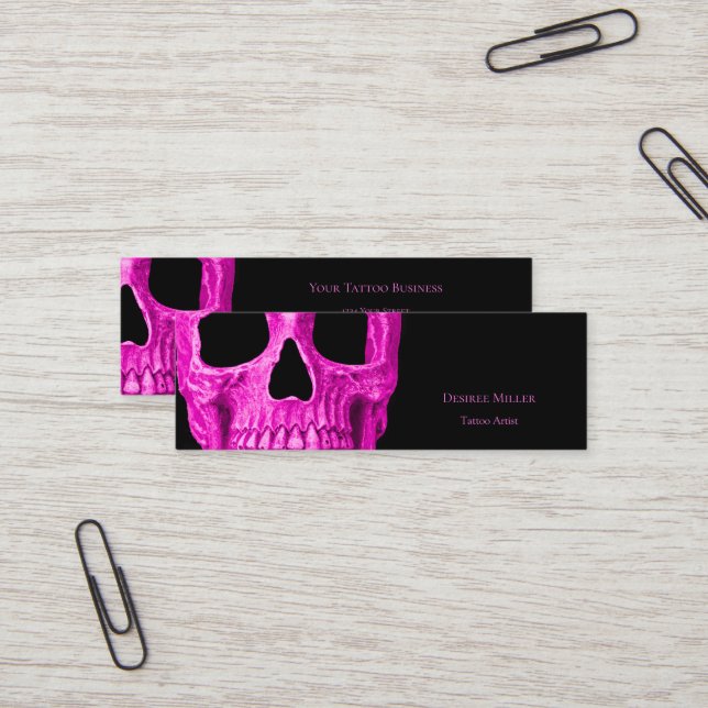Skull Head Gothic Neon Pink Black Tattoo Shop Mini Business Card (Front/Back In Situ)
