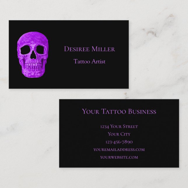 Skull Head Gothic Neon Purple Black Tattoo Shop Business Card (Front/Back)