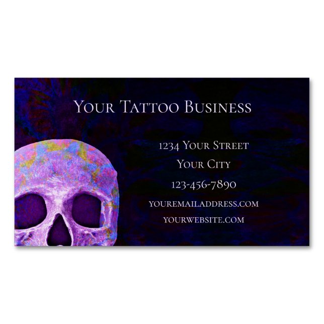 Skull Head Gothic Purple Blue Tattoo Shop Magnetic Business Card (Front)