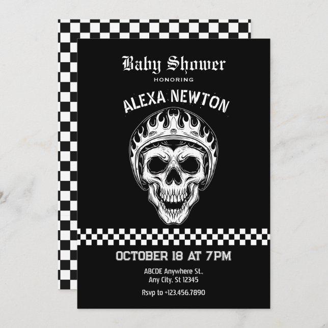 Skull head motorcycle rider baby shower invitation (Front/Back)