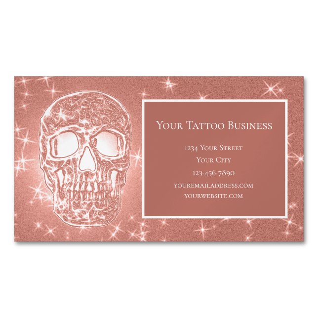 Skull Head Rose Gold Elegant Gothic Girly Glitter Magnetic Business Card (Front)