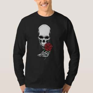 Skull Head Skeleton Hand Holding Red Rose Stem Tat T-Shirt