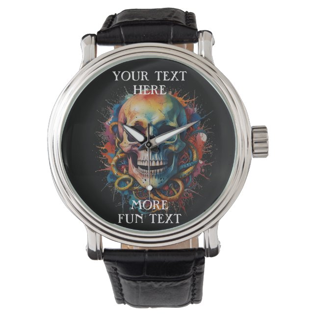 Skull Head with multi-colored Paint Splashes Watch (Front)