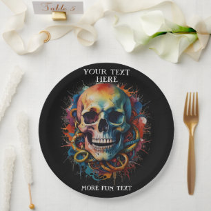 Skull Head with multi-coloured Paint Splashes Paper Plate