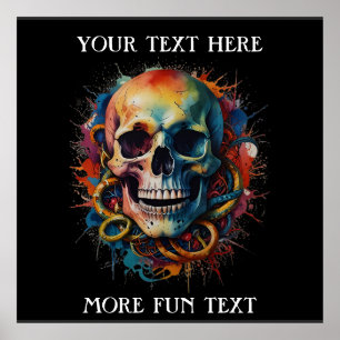 Skull Head with multi-coloured Paint Splashes Poster