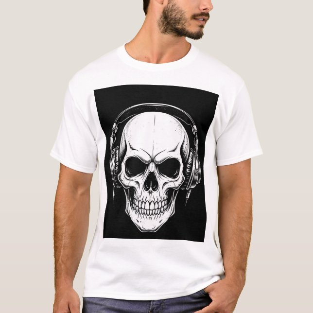 Skull Headphone Gothic Graphic T-Shirt (Front)
