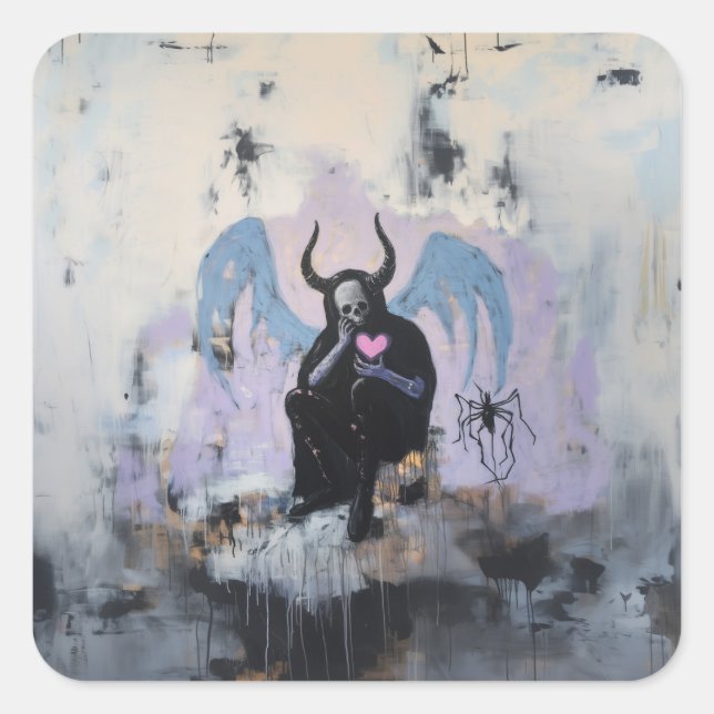 Skull Horns Spider Heart Magical Witchy AI Art Square Sticker (Front)