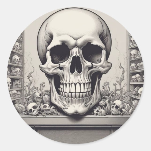 Skull Illustration Classic Round Sticker (Front)