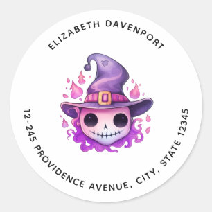 Skull in a Witch's Hat Whimsical Address Classic Round Sticker