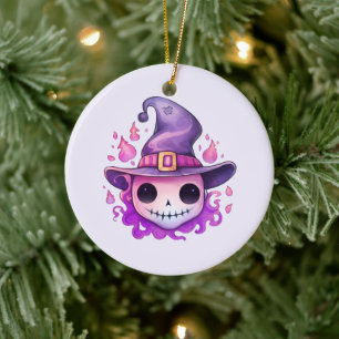 Skull in a Witch's Hat Whimsical Ceramic Ornament