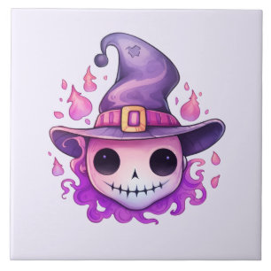Skull in a Witch's Hat Whimsical Ceramic Tile