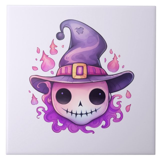 Skull in a Witch's Hat Whimsical Ceramic Tile (Front)