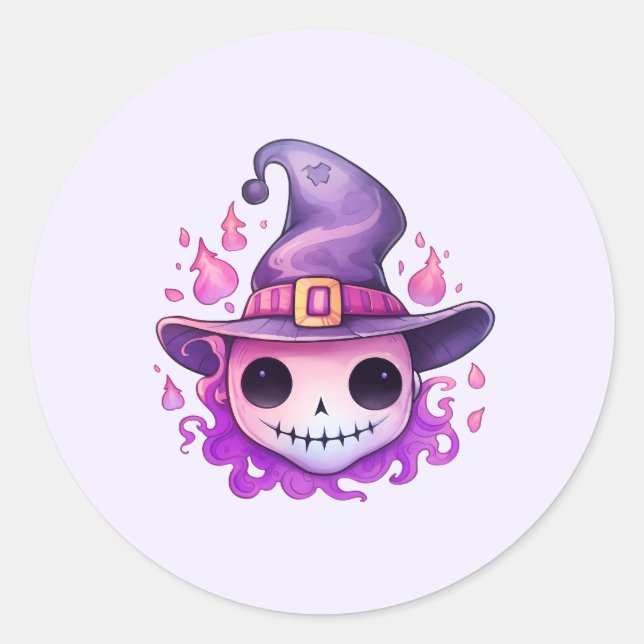 Skull in a Witch's Hat Whimsical Classic Round Sticker (Front)