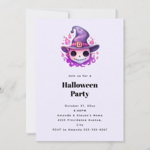 Skull in a Witch's Hat Whimsical Halloween Party Invitation
