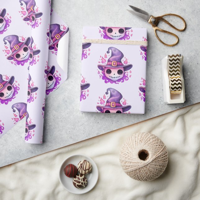 Skull in a Witch's Hat Whimsical Pattern Wrapping Paper (Crafts)