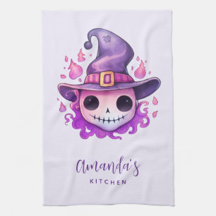Skull in a Witch's Hat Whimsical Tea Towel