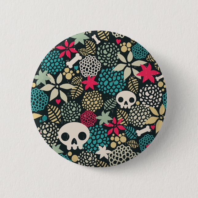 Skull in flowers 6 cm round badge (Front)