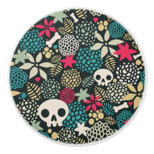 Skull in flowers ceramic knob