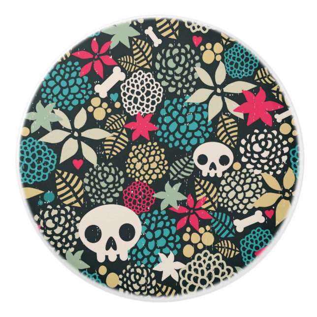 Skull in flowers ceramic knob (Front)