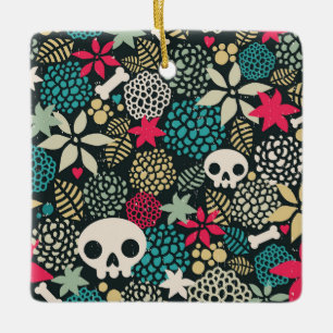 Skull in flowers ceramic ornament