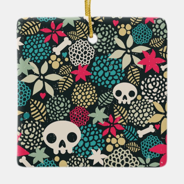 Skull in flowers ceramic ornament (Front)