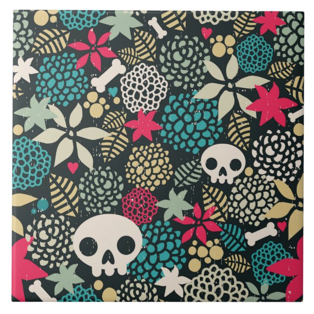 Skull in flowers ceramic tile (Front)