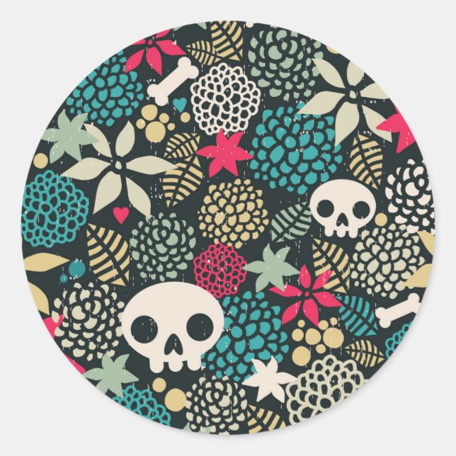 Skull in flowers classic round sticker (Front)