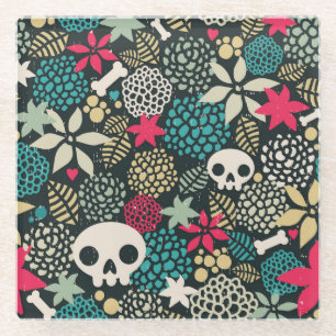Skull in flowers glass coaster