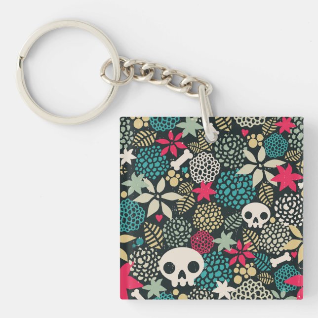 Skull in flowers key ring (Front)