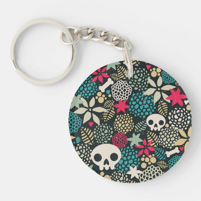 Skull in flowers key ring (Front)